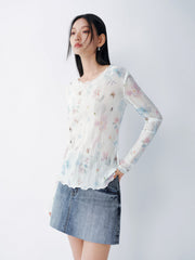 Women's French-style printed long-sleeve fitted top