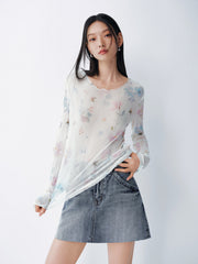 Women's French-style printed long-sleeve fitted top