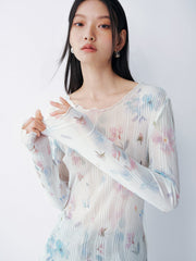 Women's French-style printed long-sleeve fitted top