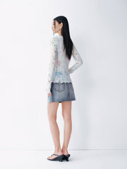Women's French-style printed long-sleeve fitted top