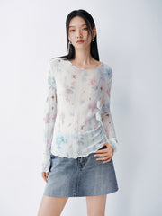 Women's French-style printed long-sleeve fitted top
