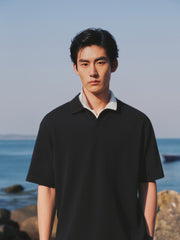 Men's Textured Black Seagull Collar Polo Shirt