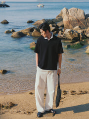 Men's Textured Black Seagull Collar Polo Shirt