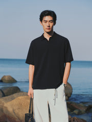Men's Textured Black Seagull Collar Polo Shirt
