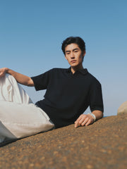 Men's Textured Black Seagull Collar Polo Shirt