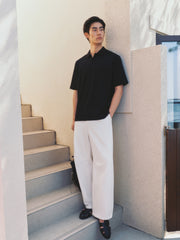 Men's Textured Black Seagull Collar Polo Shirt