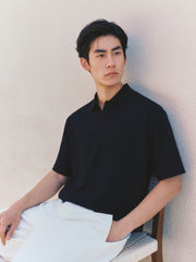 Men's Textured Black Seagull Collar Polo Shirt