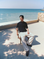 Men's Textured Black Seagull Collar Polo Shirt
