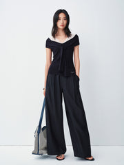 Women's V-neck Tie-front Short Sleeve Knit Top