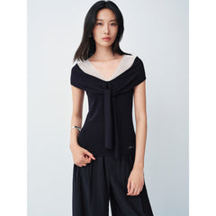 Women's V-neck Tie-front Short Sleeve Knit Top