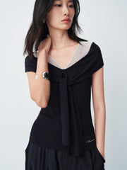Women's V-neck Tie-front Short Sleeve Knit Top