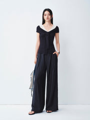 Women's Casual Navy Wide-Leg Straight Pants