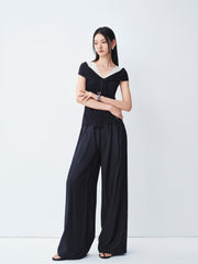 Women's Casual Navy Wide-Leg Straight Pants