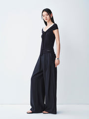 Women's Casual Navy Wide-Leg Straight Pants