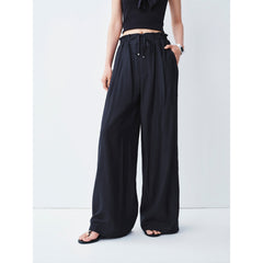 Women's Casual Navy Wide-Leg Straight Pants