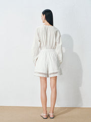 Women's Casual Embroidered Shirt and Shorts Set