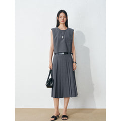 Women's Commute-Style Gray Pleated Midi Skirt