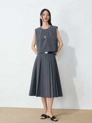 Women's Commute-Style Gray Pleated Midi Skirt