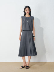 Women's Commute-Style Gray Pleated Midi Skirt