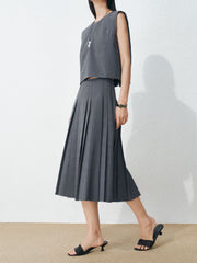 Women's Commute-Style Gray Pleated Midi Skirt