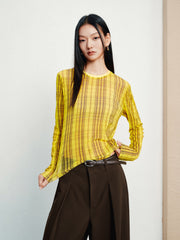 Women's Casual Modern Plaid Mesh Long-Sleeve Top