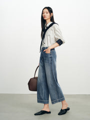 Women's casual high-waist straight-leg cropped jeans