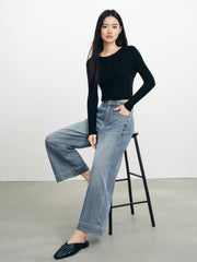 Women's casual high-waist straight-leg cropped jeans