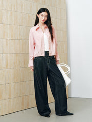 Women's Casual Pink Cropped Long-Sleeve Shirt