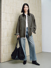 Women's Vintage Barn-Style Contrast-Lapel Utility Jacket