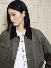 Women's Vintage Barn-Style Contrast-Lapel Utility Jacket