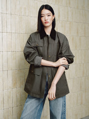 Women's Vintage Barn-Style Contrast-Lapel Utility Jacket