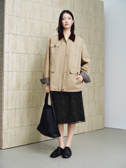 Women's Vintage Barn-Style Contrast-Lapel Utility Jacket
