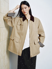 Women's Vintage Barn-Style Contrast-Lapel Utility Jacket