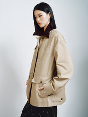 Women's Vintage Barn-Style Contrast-Lapel Utility Jacket