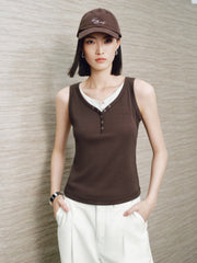 Women's Casual Contrast-Color Henley Tank Top