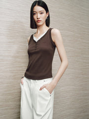 Women's Casual Contrast-Color Henley Tank Top