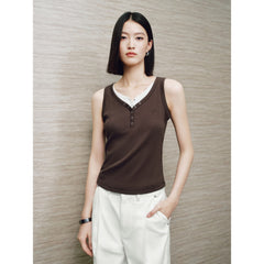 Women's Casual Contrast-Color Henley Tank Top
