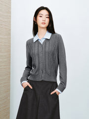 Women's Preppy Contrast-Trim Knit Faux-Layer Cardigan