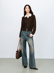 Women's Preppy Contrast-Trim Knit Faux-Layer Cardigan