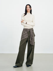 Women's Utility-Style Detachable Plaid Chestnut Curved-Leg Pants