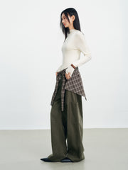 Women's Utility-Style Detachable Plaid Chestnut Curved-Leg Pants