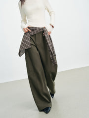 Women's Utility-Style Detachable Plaid Chestnut Curved-Leg Pants