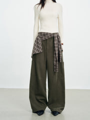 Women's Utility-Style Detachable Plaid Chestnut Curved-Leg Pants