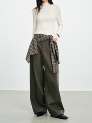 Women's Utility-Style Detachable Plaid Chestnut Curved-Leg Pants