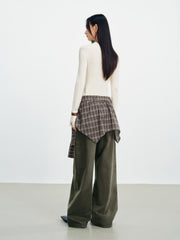 Women's Utility-Style Detachable Plaid Chestnut Curved-Leg Pants