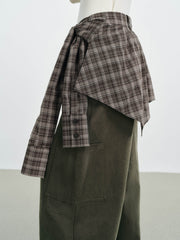 Women's Utility-Style Detachable Plaid Chestnut Curved-Leg Pants