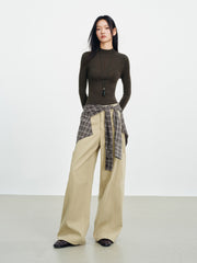 Women's Utility-Style Detachable Plaid Chestnut Curved-Leg Pants