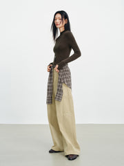 Women's Utility-Style Detachable Plaid Chestnut Curved-Leg Pants