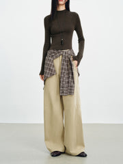 Women's Utility-Style Detachable Plaid Chestnut Curved-Leg Pants