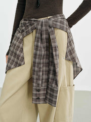 Women's Utility-Style Detachable Plaid Chestnut Curved-Leg Pants